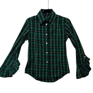 VTG Bell Green Plaid Drama Sleeves Ruffles Preppy Shirt 6 M